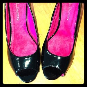 New Chinese Laundry Patent Leather peep-toe wedges